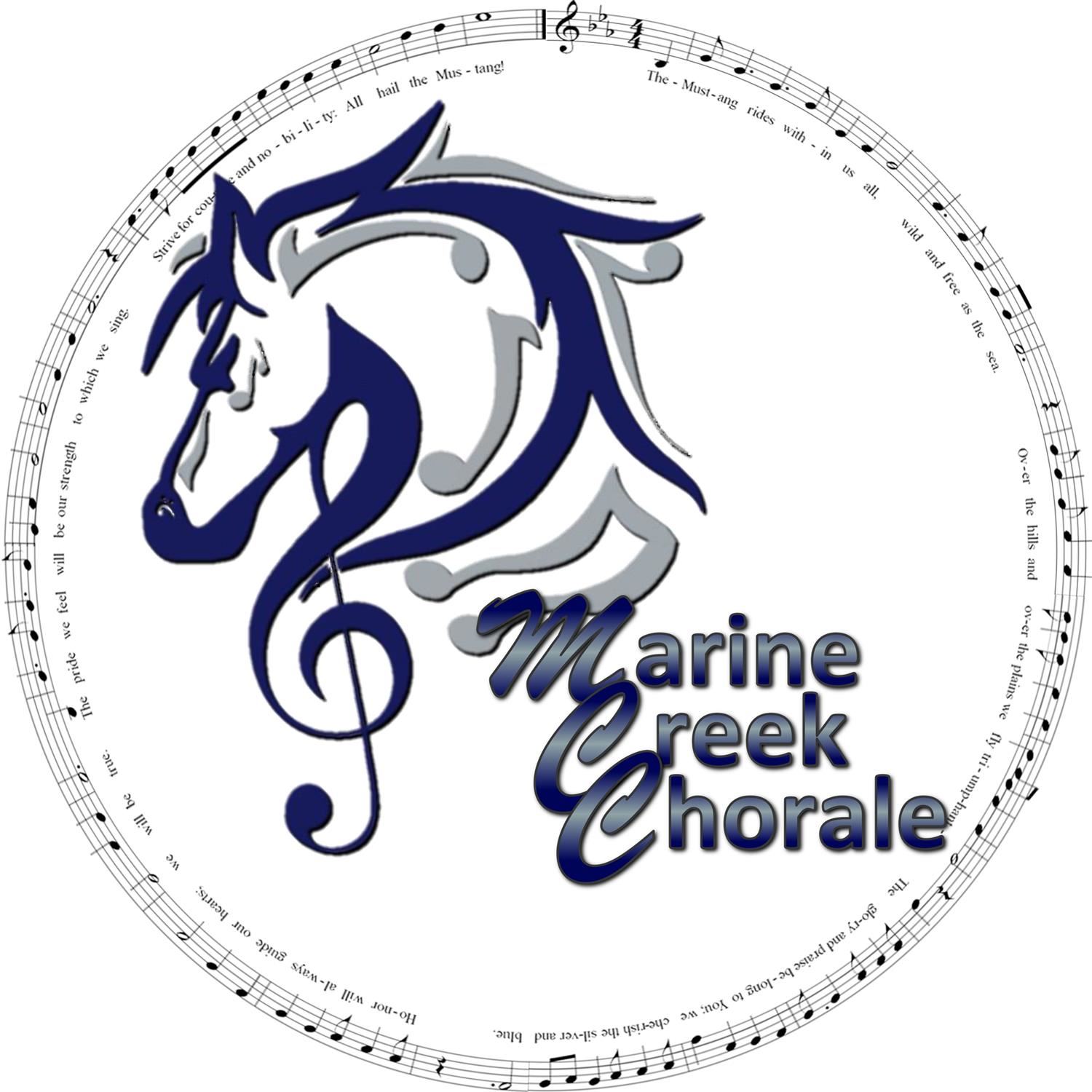 Marine Creek Chorale logo - blue and silver horse head with treble clef and music note mane 